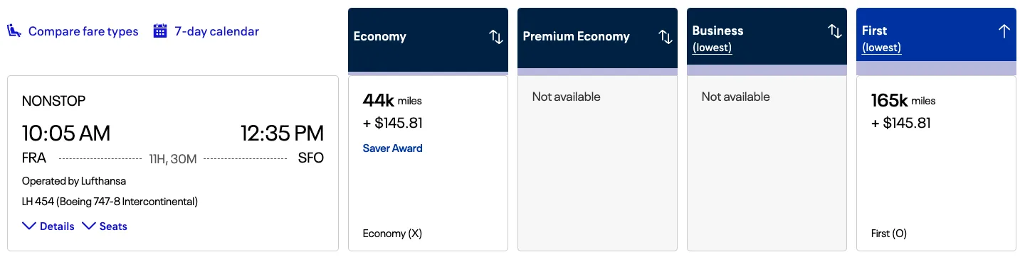 Screenshot of a United award search showing a Frankfurt to San Francisco flight priced at 44,000 miles in economy Saver Award or 165,000 miles in first class