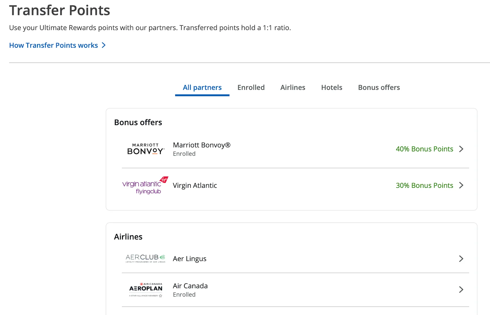 Screenshot of the Chase Ultimate Rewards transfer partners page showing bonus offers for Marriott Bonvoy and Virgin Atlantic, plus airline partners including Aer Lingus and Air Canada.