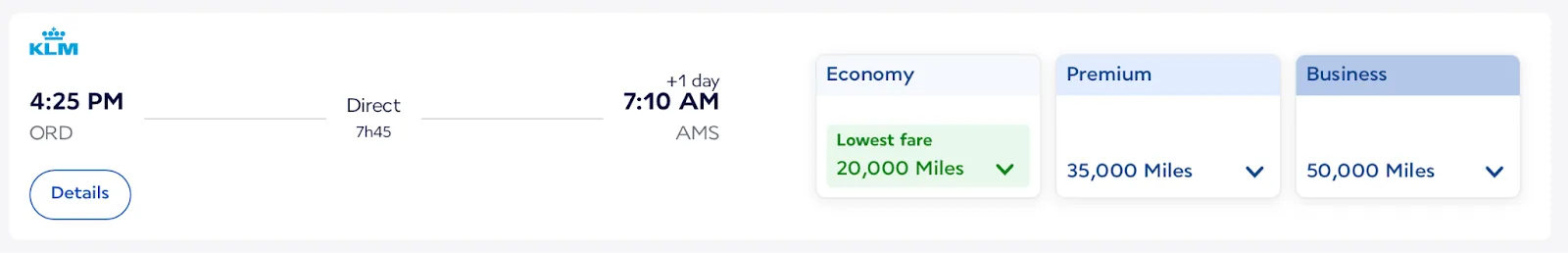 Screenshot of a Flying Blue award search on a KLM-operated Chicago to Amsterdam flight, showing economy at 20,000, premium at 35,000, and business at 50,000 miles.
