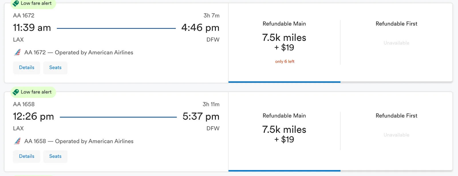 Screenshot of American Airlines flights from Los Angeles to Dallas with a low fare alert showing Refundable Main fares at 7.5K miles plus $19