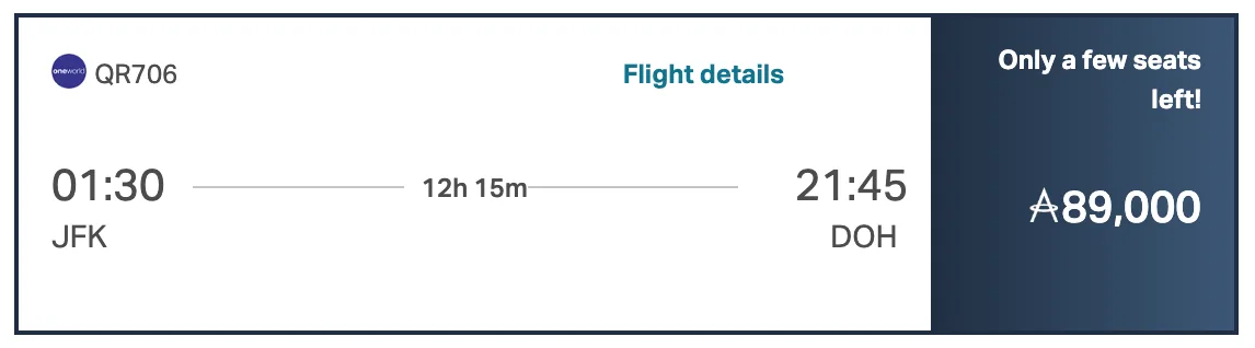 Screenshot of a Cathay Pacific Asia Miles booking for a Qatar Airways flight from JFK to Doha, priced at 89,000 miles.