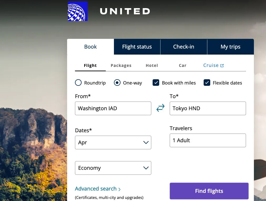 United Airlines homepage flight search form set up for a one-way Washington to Tokyo award search with miles booking selected