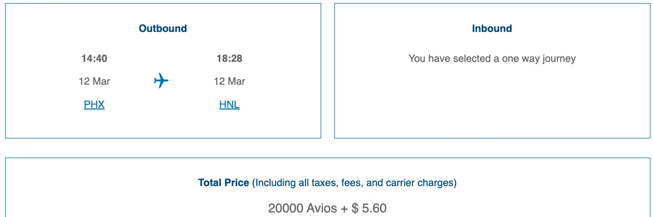 Screenshot of a British Airways booking summary for a one-way Phoenix to Honolulu flight priced at 20,000 Avios plus $5.60