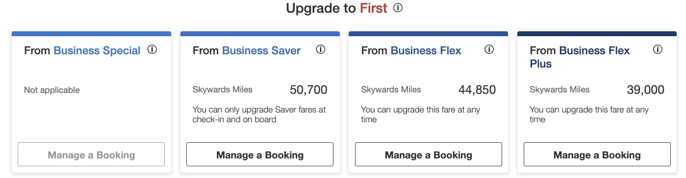 Emirates Skywards upgrade-to-First chart showing mileage costs from various Business fare types