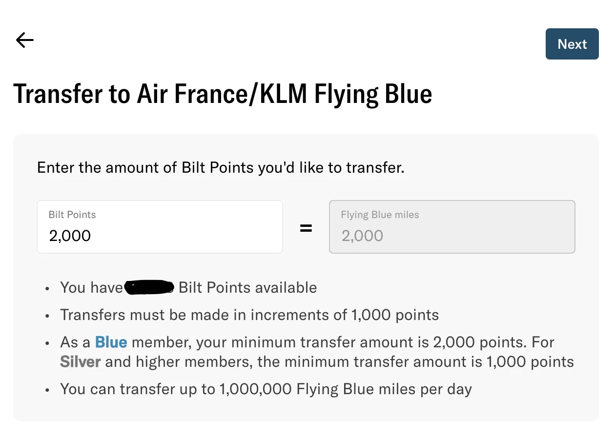 Bilt app transfer screen entering 2,000 Bilt Points to convert to Flying Blue miles at a 1:1 ratio