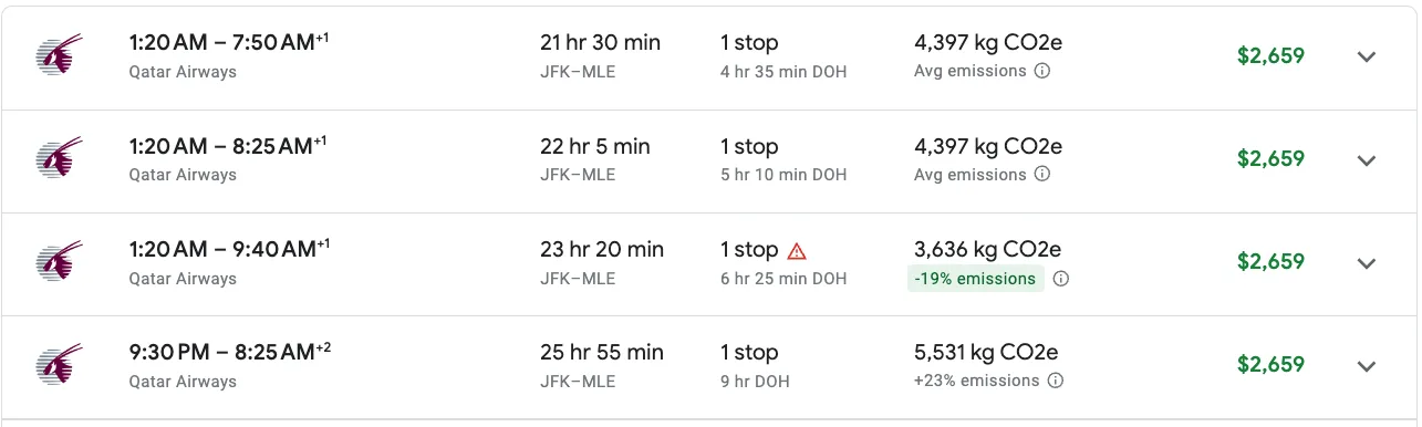 Google Flights results for Qatar Airways flights from JFK to Malé, Maldives, priced around $2,659