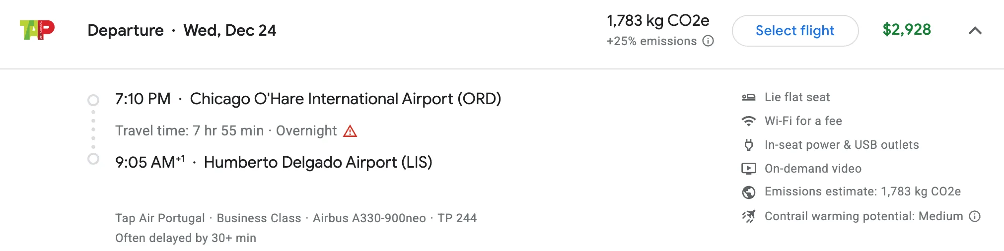 Screenshot of a Google Flights search showing a TAP Air Portugal business class flight from Chicago to Lisbon priced at $2,928.