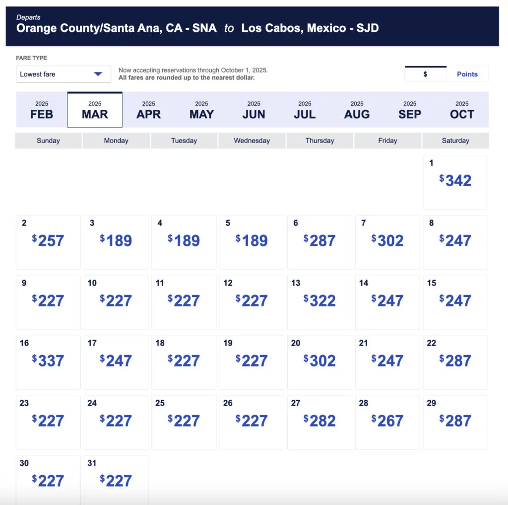 Screenshot of a Southwest Airlines cash fare calendar for flights from Orange County to Los Cabos, with fares ranging from about $117 to $377