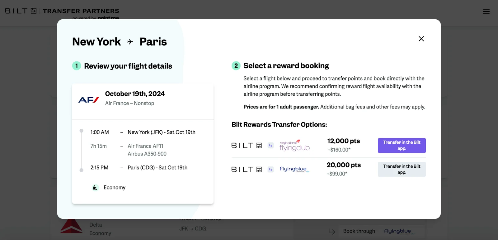 Bilt Transfer Partners tool showing a New York to Paris Air France flight with award booking options via Virgin Atlantic Flying Club and Flying Blue