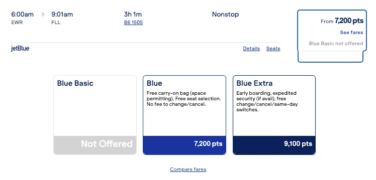 Screenshot of a JetBlue fare search for Newark to Fort Lauderdale, comparing Blue and Blue Extra fares priced at 7,200 and 9,100 points.