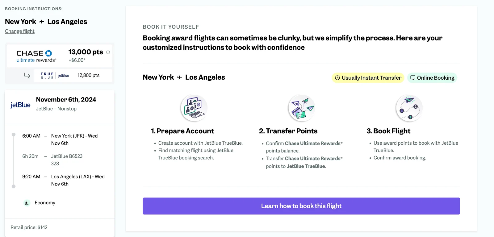 Screenshot of point.me's step-by-step booking instructions for transferring Chase Ultimate Rewards points to JetBlue TrueBlue for a New York to Los Angeles flight.