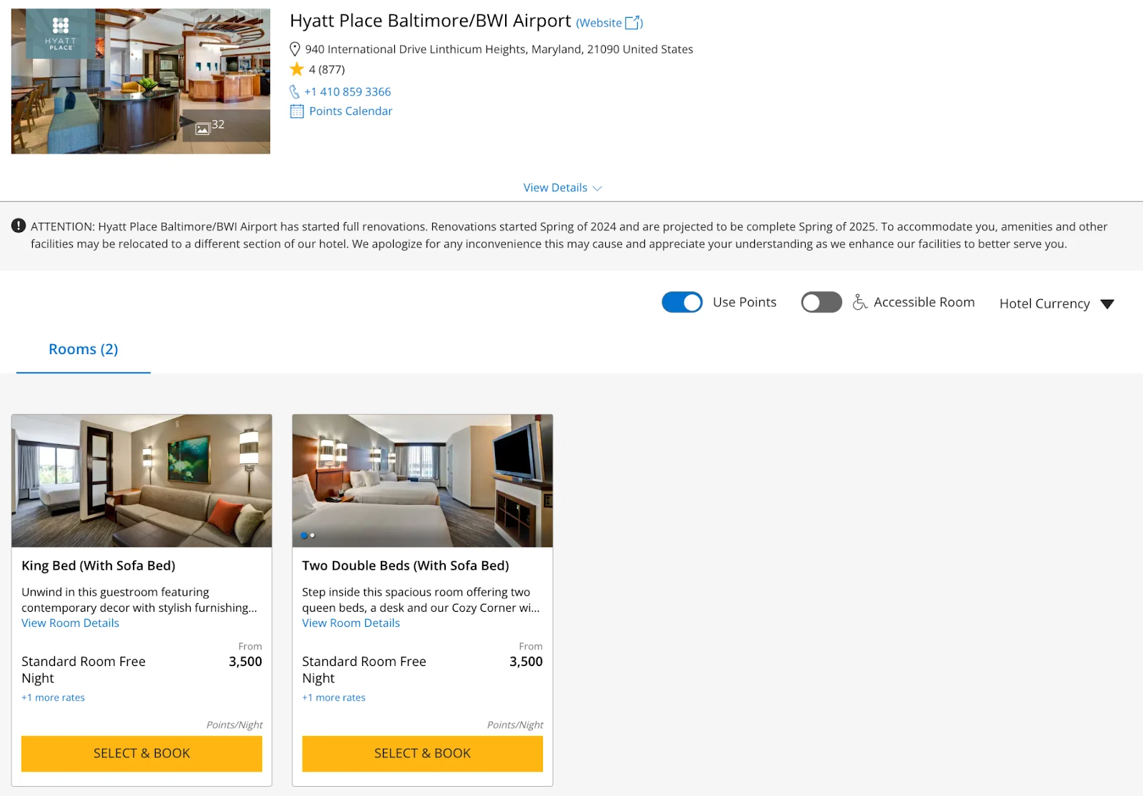 Screenshot of a Hyatt Place Baltimore/BWI Airport booking page showing room options bookable with points