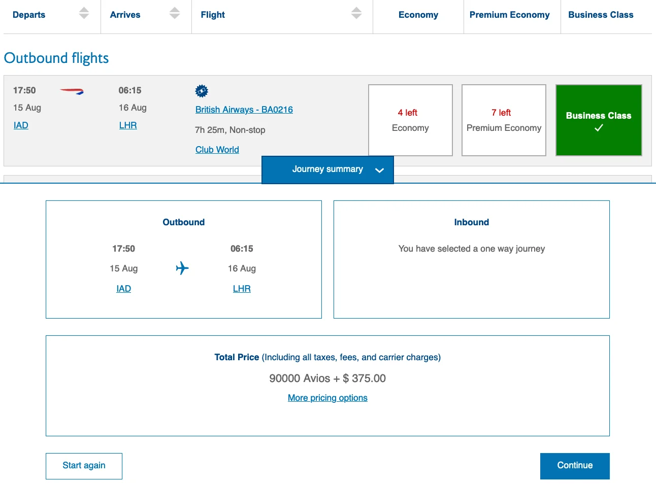 Screenshot of a British Airways Avios booking for a Washington Dulles to London Club World business class flight, priced at 90,000 Avios plus $375.