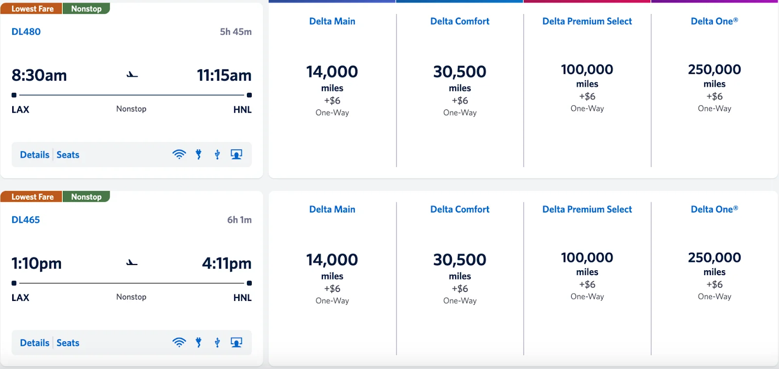 Screenshot of a Delta award search for a nonstop Los Angeles to Honolulu flight showing mileage prices across Main, Comfort, Premium Select, and Delta One cabins