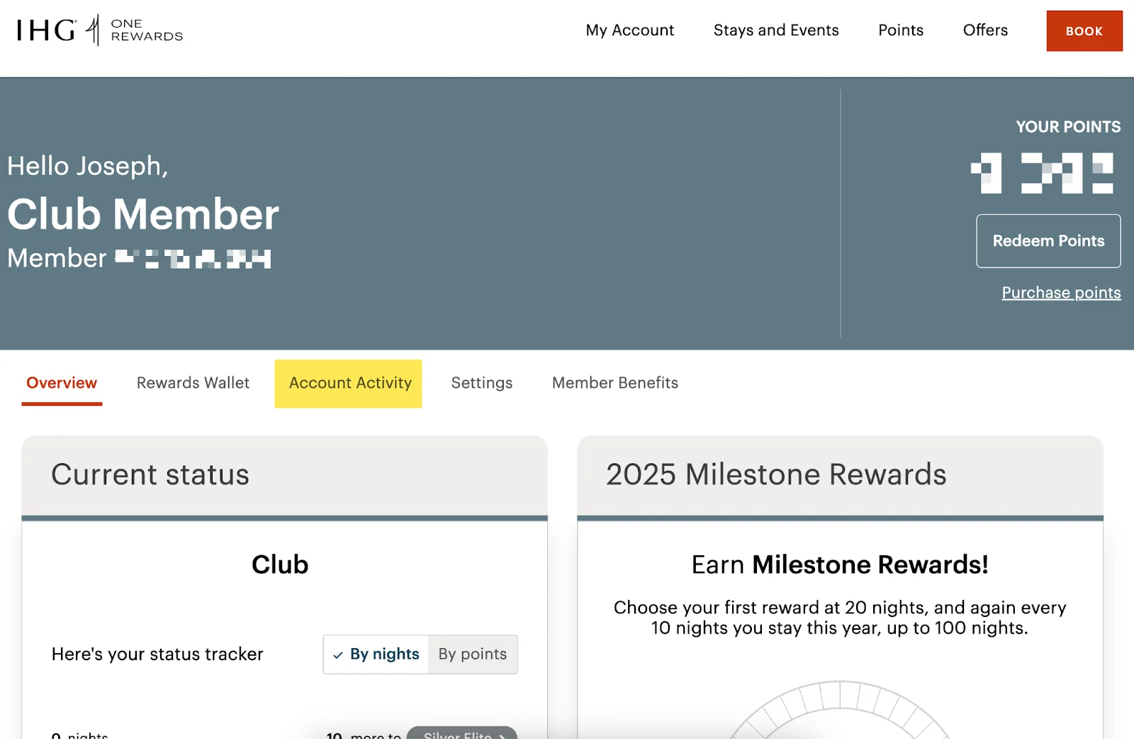 IHG One Rewards member account overview page showing a points balance and 2025 Milestone Rewards progress tracker