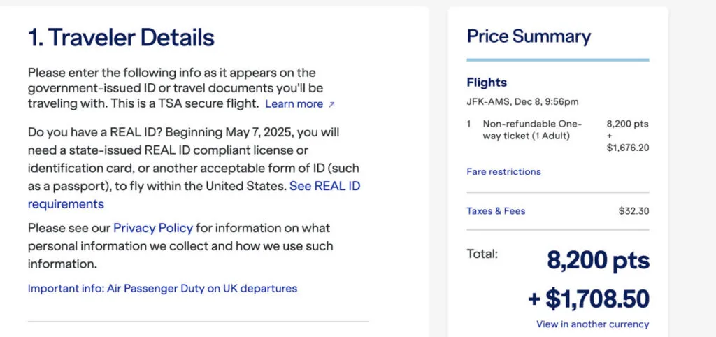 JetBlue traveler details form and price summary sidebar for a JFK to Amsterdam Mint booking