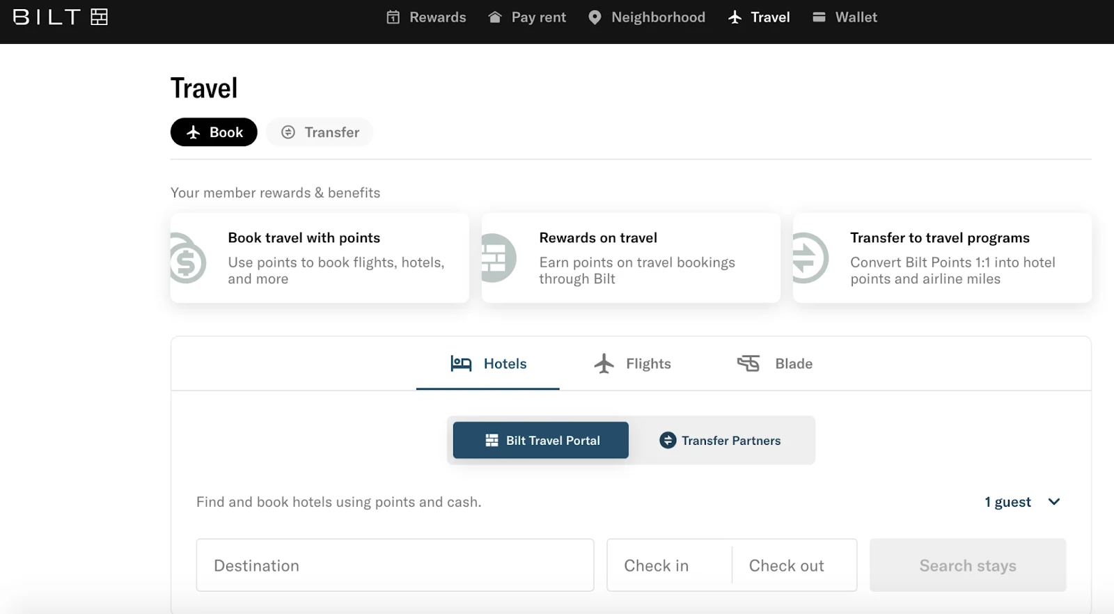 Screenshot of the Bilt Rewards Travel page, showing options to book travel with points, earn rewards, or transfer to travel programs.
