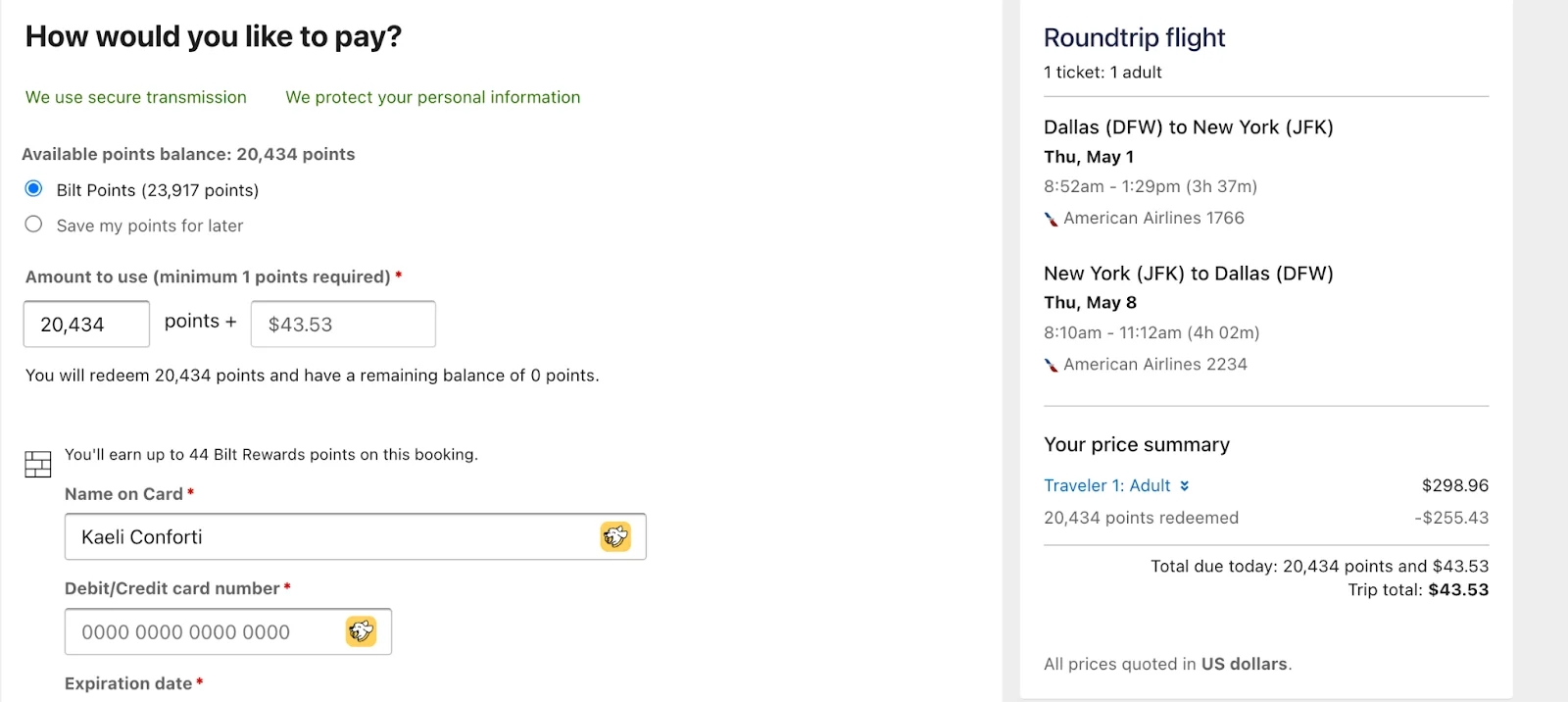 Screenshot of a Bilt Travel Portal payment page showing 20,434 points applied toward a flight booking, leaving $43.53 due