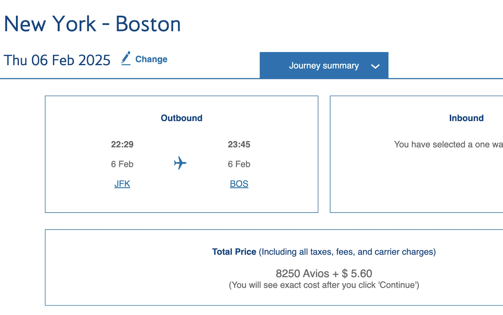 British Airways Executive Club booking screen showing a New York to Boston flight priced at 8,250 Avios plus $5.60