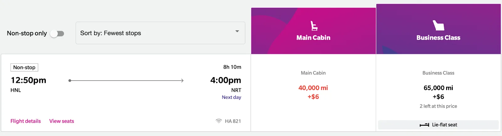 Screenshot of a Hawaiian Airlines award search showing a Honolulu to Tokyo Narita flight priced at 40,000 miles in Main Cabin or 65,000 miles in lie-flat Business Class