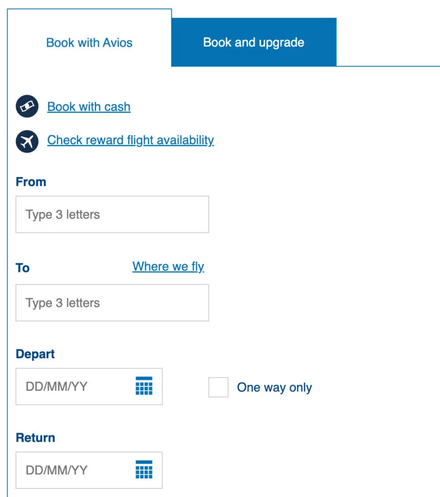 Screenshot of the British Airways 'Book with Avios' flight search form with fields for origin, destination, and travel dates.