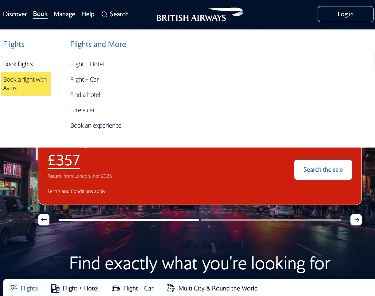Screenshot of the British Airways homepage showing the booking menu and a flight sale banner advertising fares from £357