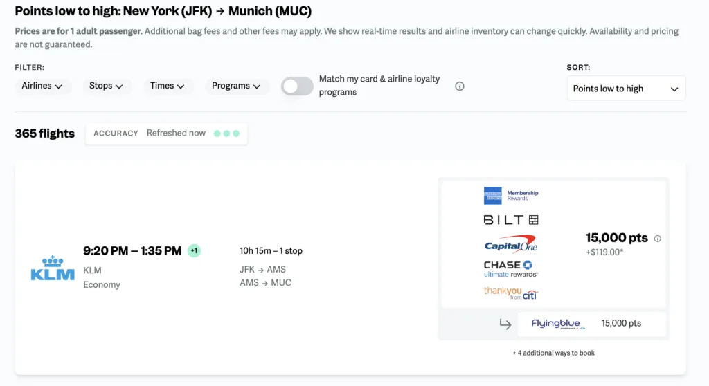 Screenshot of point.me award search results for economy flights from New York to Munich on KLM, priced at 15,000 Flying Blue points