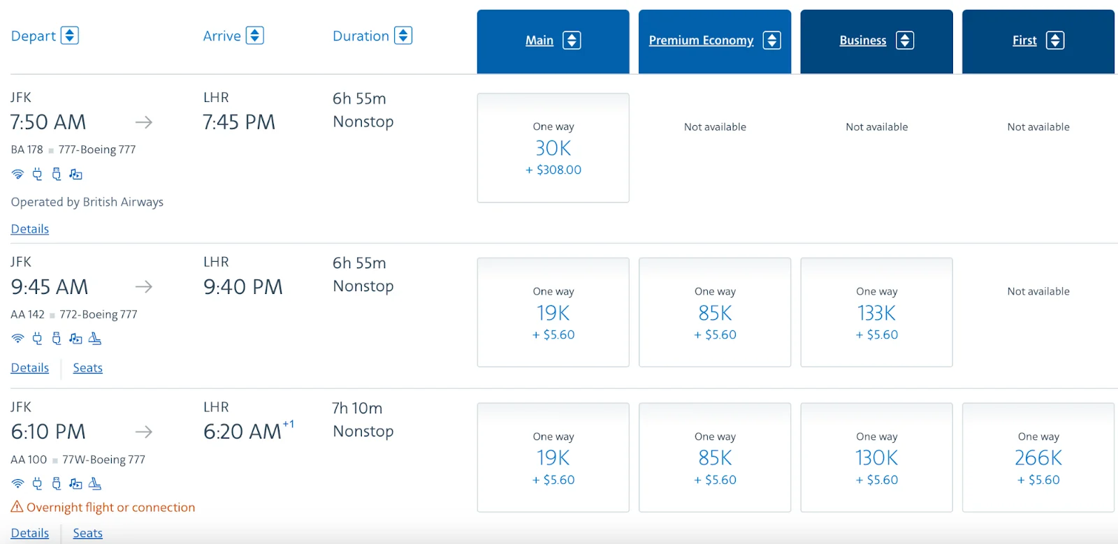 Screenshot of American Airlines flight search results for JFK to London Heathrow, showing fares across Main, Premium Economy, Business, and First cabins from 19K to 266K points