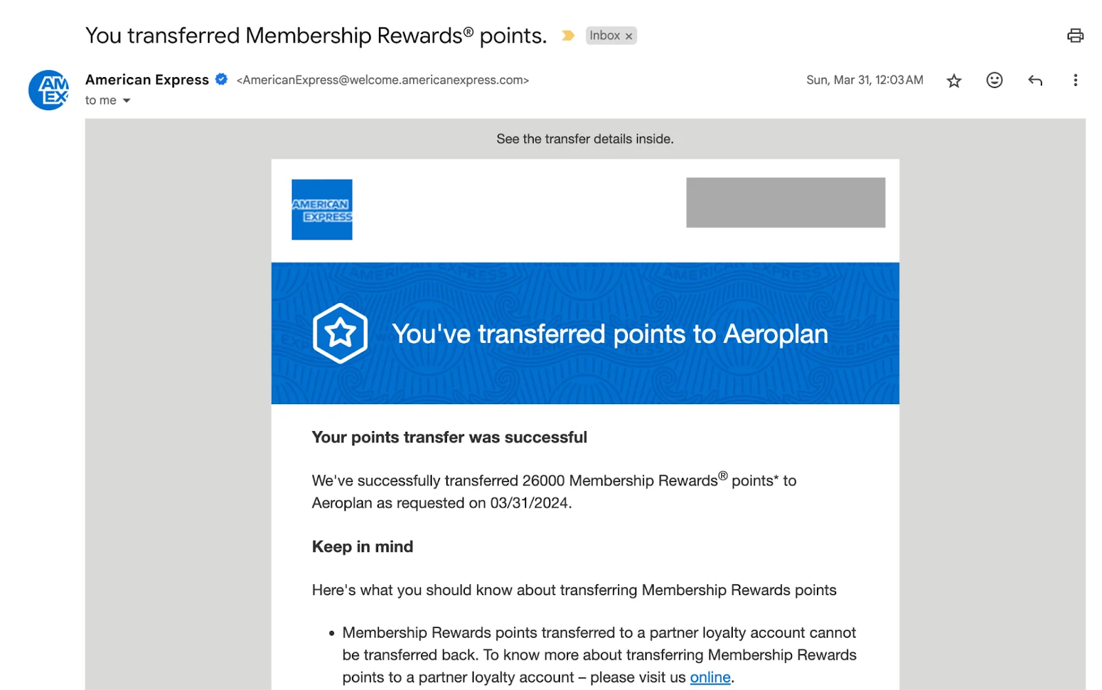 Screenshot of an American Express email confirming a successful transfer of 26,000 Membership Rewards points to Aeroplan