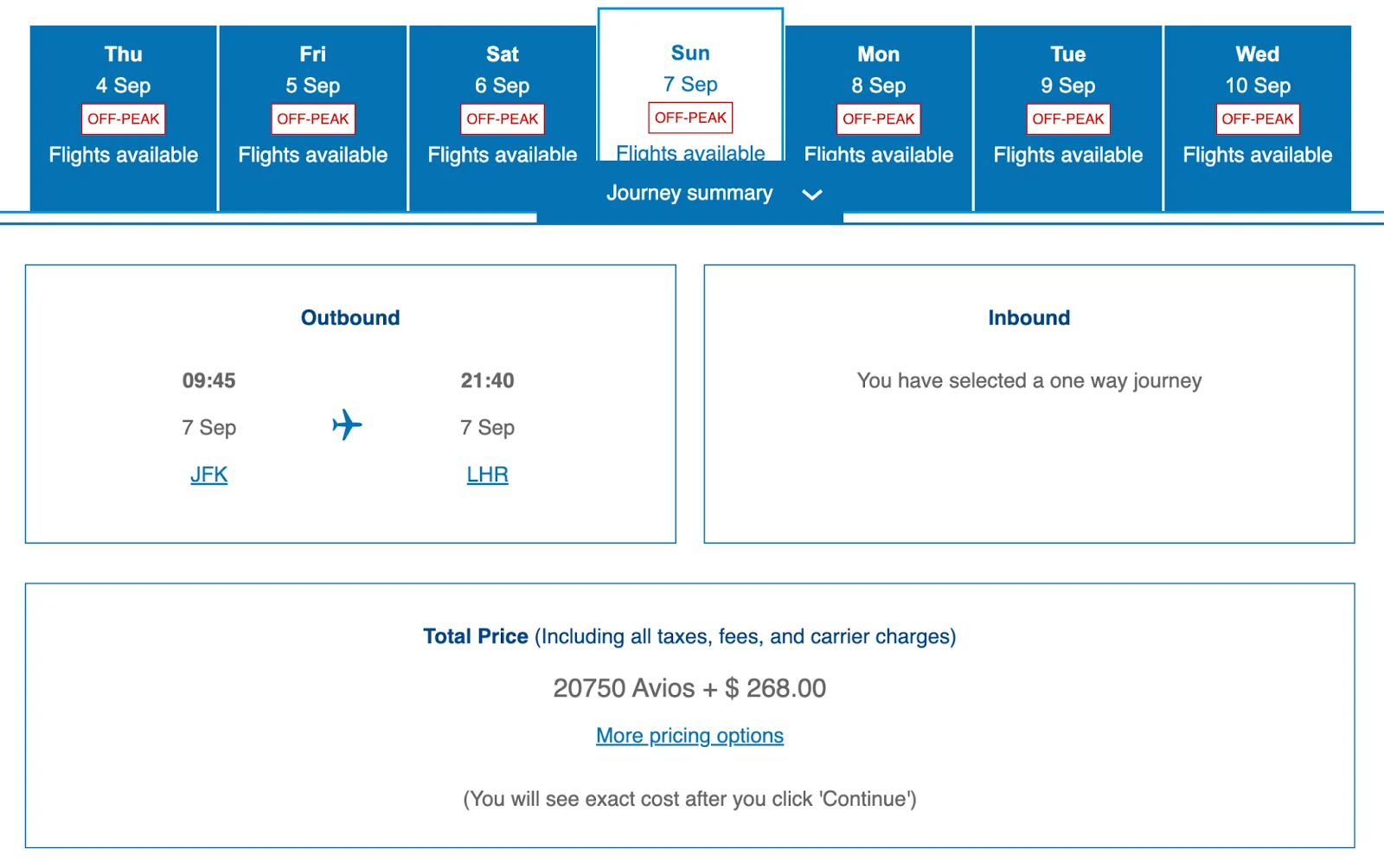 Screenshot of a British Airways Avios flexible-date calendar for a JFK to London Heathrow flight, showing a fare of 20,750 Avios plus $268
