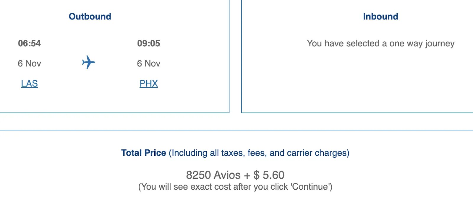 British Airways Executive Club booking screen showing a Las Vegas to Phoenix flight priced at 8,250 Avios plus $5.60