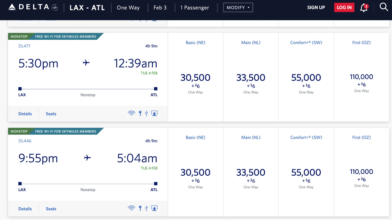 Screenshot of a Delta Air Lines award search showing a Los Angeles to Atlanta flight with mileage pricing across Basic, Main, Comfort+, and First fares