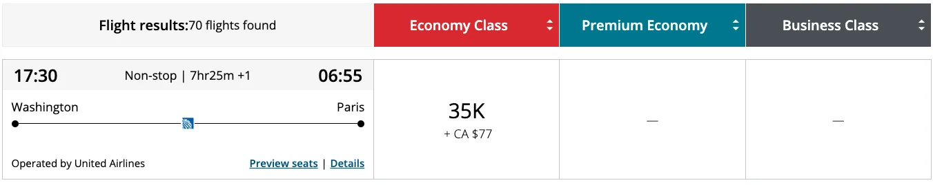 Screenshot of an Air Canada Aeroplan award search for a nonstop Washington to Paris flight on United Airlines, priced at 35,000 miles in economy.