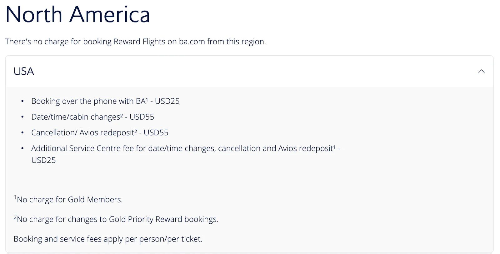 Screenshot of a British Airways Executive Club page listing USA reward booking fees, including phone booking, date changes, and cancellation charges.
