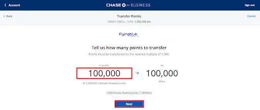 Fourth step in using the Chase Points portal to transfer points