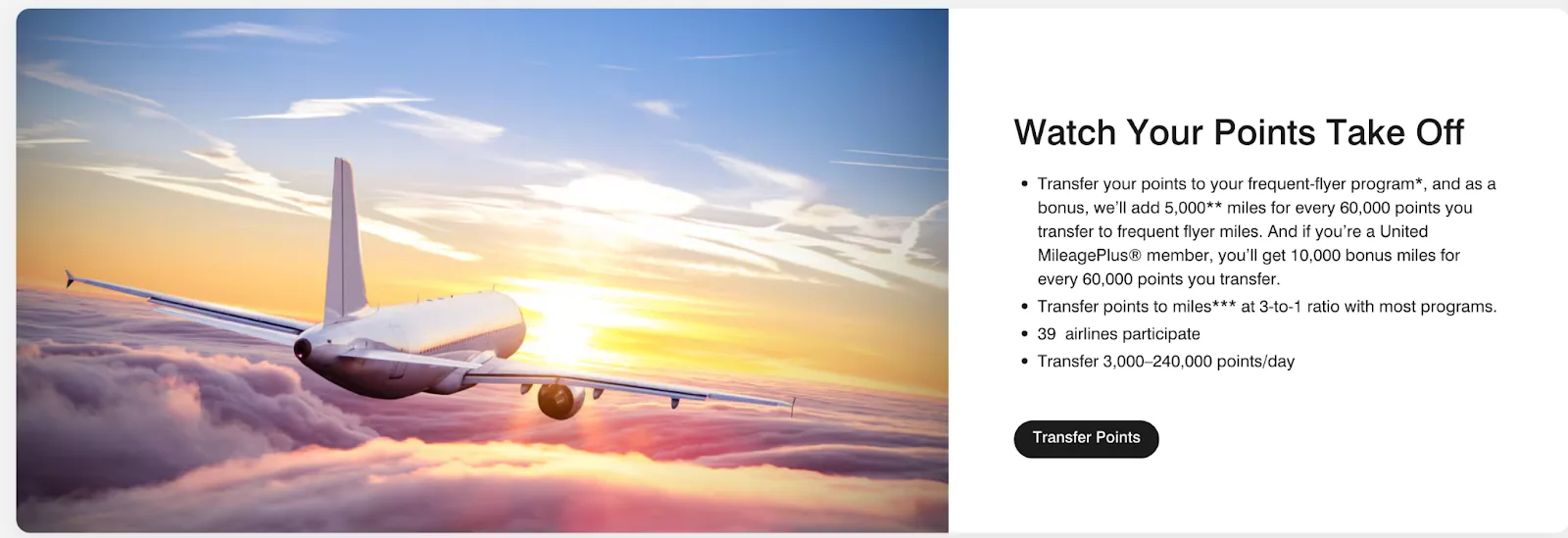 Marriott Bonvoy 'Watch Your Points Take Off' promotion banner showing an airplane flying above clouds at sunset