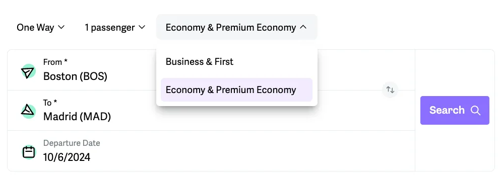 American Express Travel search dropdown for a Boston to Madrid flight showing Business & First and Economy & Premium Economy cabin options