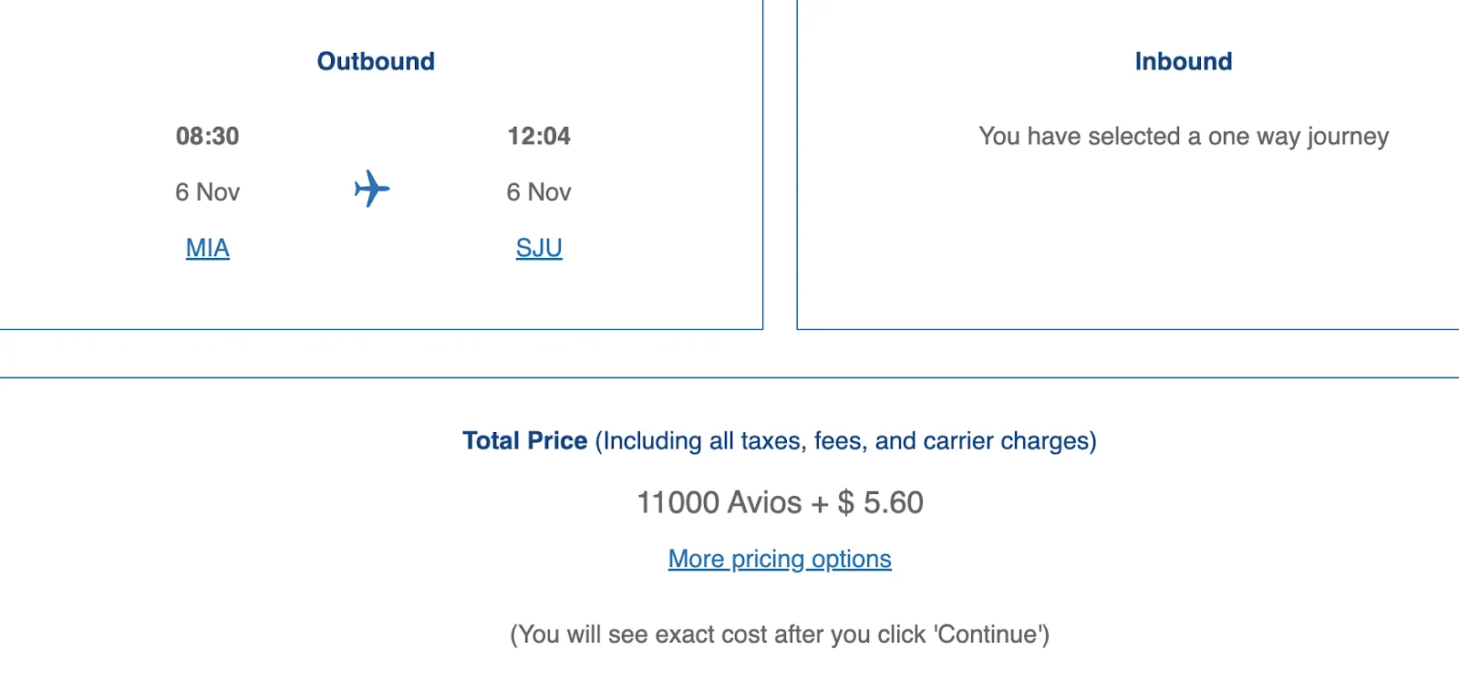 British Airways Executive Club booking screen showing a Miami to San Juan flight priced at 11,000 Avios plus $5.60