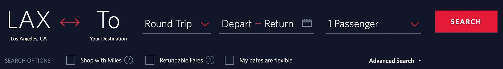 Screenshot of the Delta Air Lines flight search bar with the Shop with Miles option available