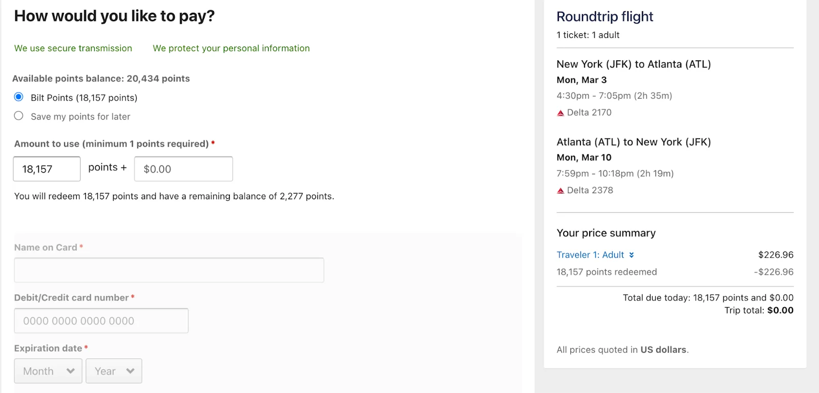 Bilt Travel Portal payment screen showing an available balance of 20,434 points being applied toward a Delta flight booking