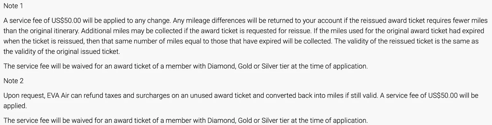 Screenshot of an EVA Air Infinity MileageLands policy note detailing a US$50 service fee for award ticket changes and refunds, waived for elite members.