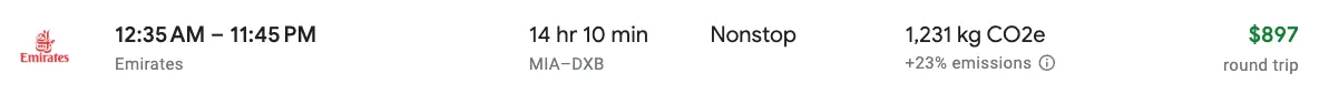 Google Flights result for a nonstop round-trip Emirates flight between Miami and Dubai priced at $897