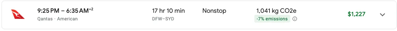 Screenshot of a flight search result showing a nonstop Dallas Fort Worth to Sydney flight on Qantas priced at $1,227