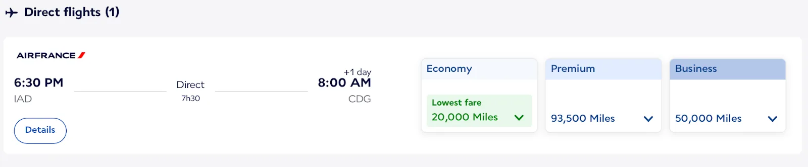 Screenshot of an Air France flight from Washington Dulles to Paris showing award pricing of 20,000 miles in economy, 93,500 in premium, and 50,000 in business class