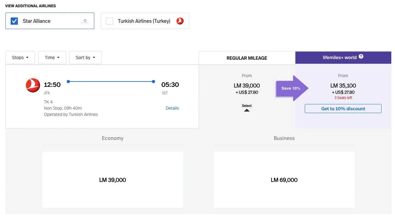 Screenshot of an Avianca LifeMiles award search for a JFK to Istanbul flight on Turkish Airlines, priced at 39,000 miles or 35,100 miles with a LifeMiles+ discount