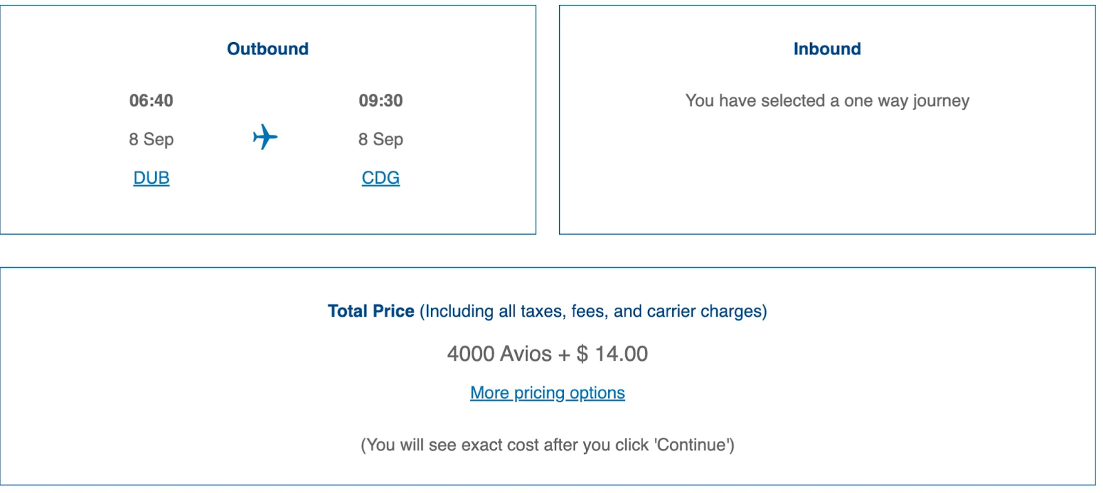 Screenshot of an Avios booking screen showing a one-way Dublin to Paris flight priced at 4,000 Avios plus $14.