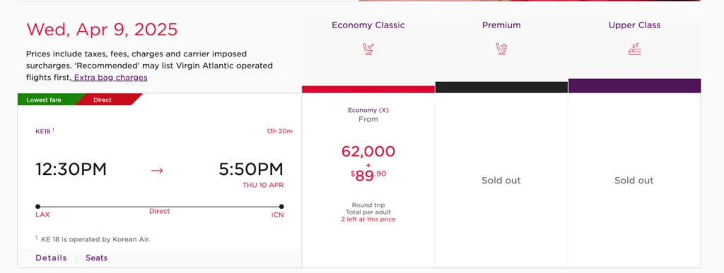 Screenshot of a Virgin Atlantic award booking for a Korean Air flight from Los Angeles to Seoul priced at 62,000 points plus $89.90 in Economy