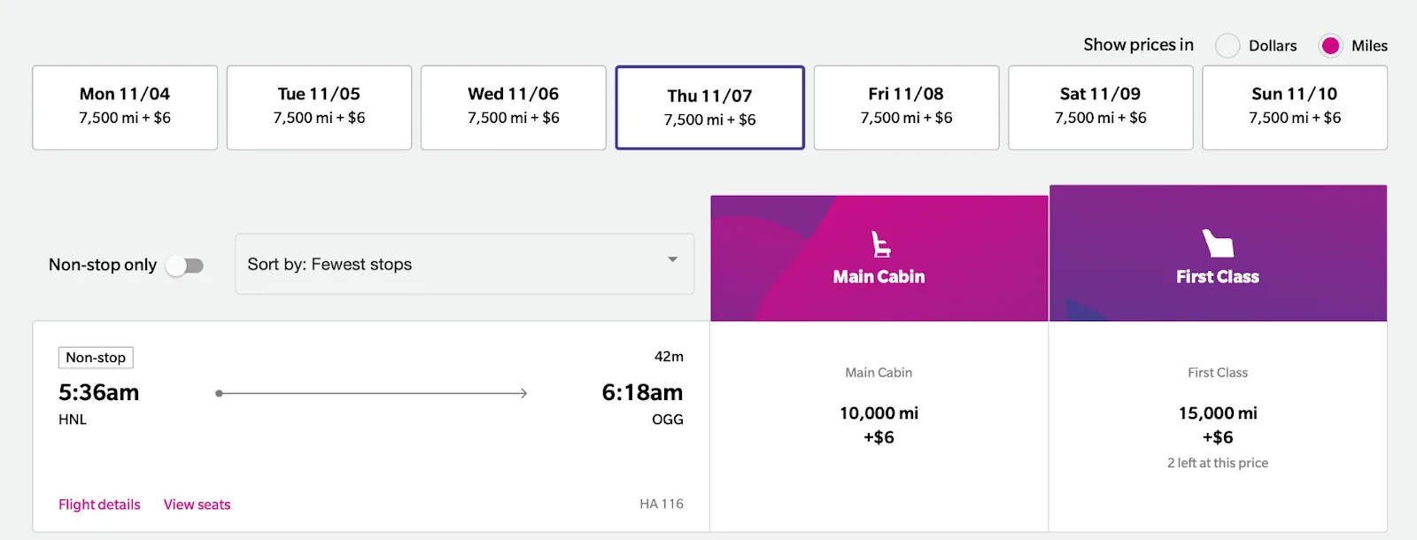 Screenshot of a Hawaiian Airlines award calendar showing a Honolulu to Maui flight priced at 7,500 miles plus $6 in Main Cabin or 15,000 miles in First Class
