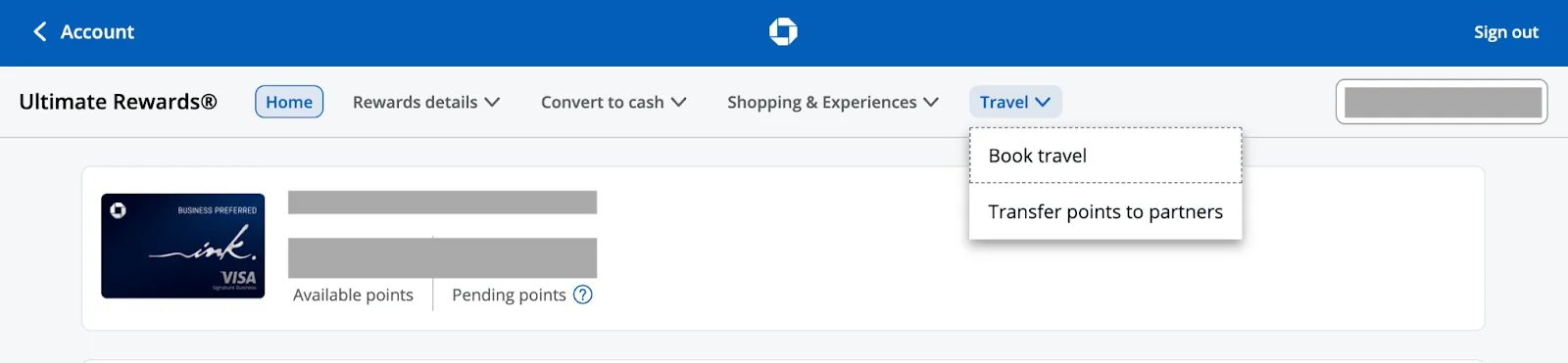 Chase Ultimate Rewards account page with the Travel menu open, showing Book Travel and Transfer Points to Partners options
