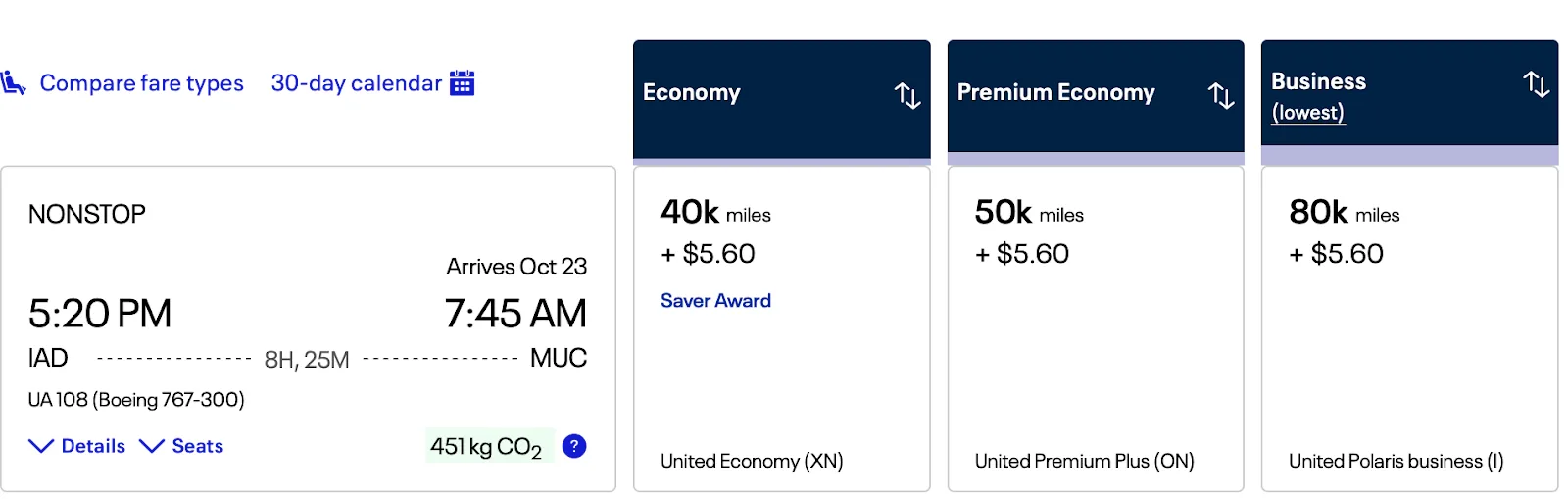 Screenshot of a United.com award search for a nonstop Washington Dulles to Munich flight, showing fares from 40,000 miles in economy to 80,000 miles in Polaris business class.